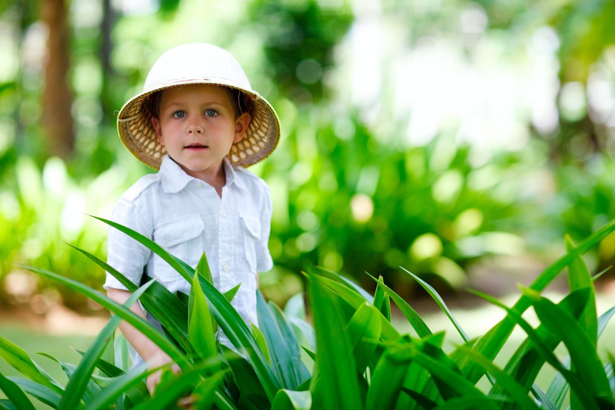 Boy wearing safari hat in tall grass